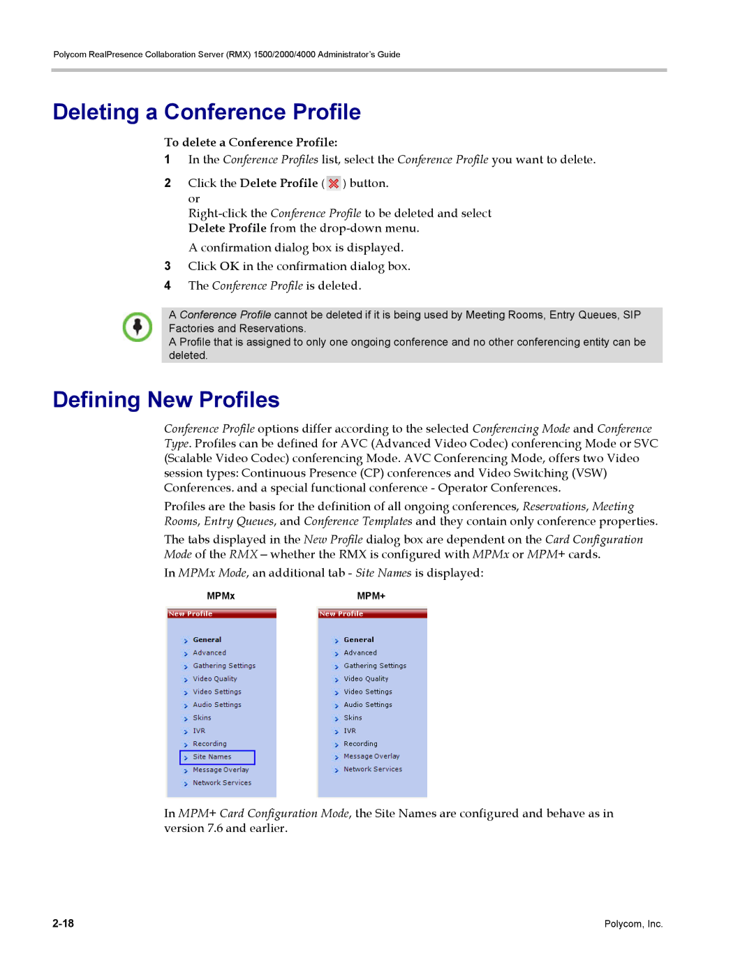 Polycom RMX 1500, DOC2702A manual Deleting a Conference Profile, Defining New Profiles, To delete a Conference Profile 