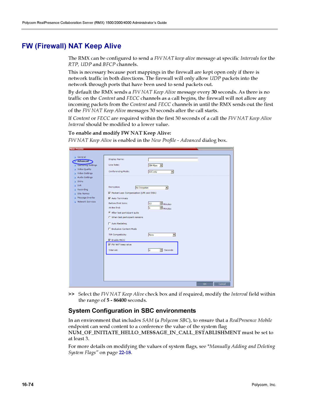 Polycom RMX 1500, DOC2702A manual FW Firewall NAT Keep Alive, System Configuration in SBC environments 