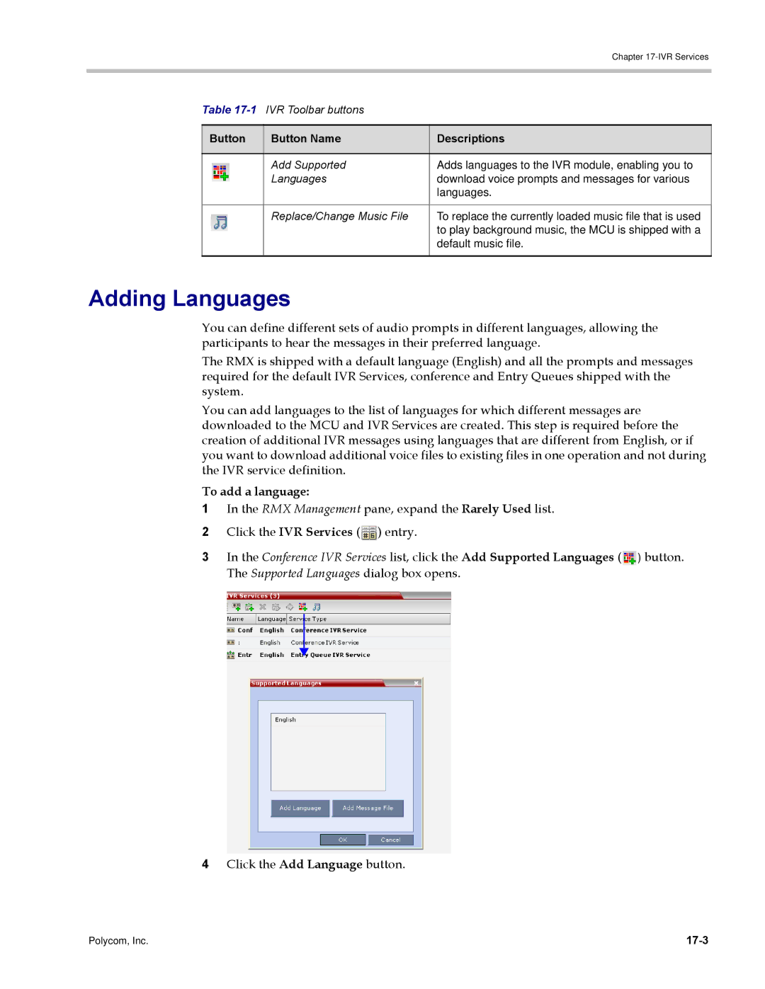 Polycom DOC2702A, RMX 1500 manual Adding Languages, To add a language, 17-3 