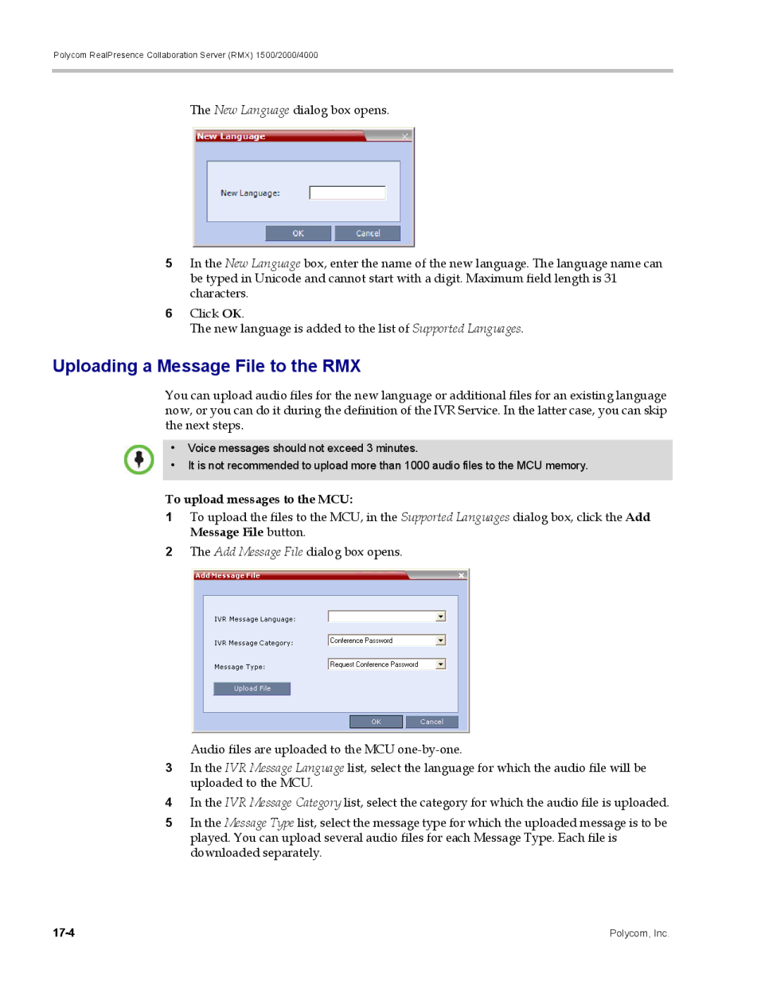 Polycom RMX 1500, DOC2702A manual Uploading a Message File to the RMX, To upload messages to the MCU 