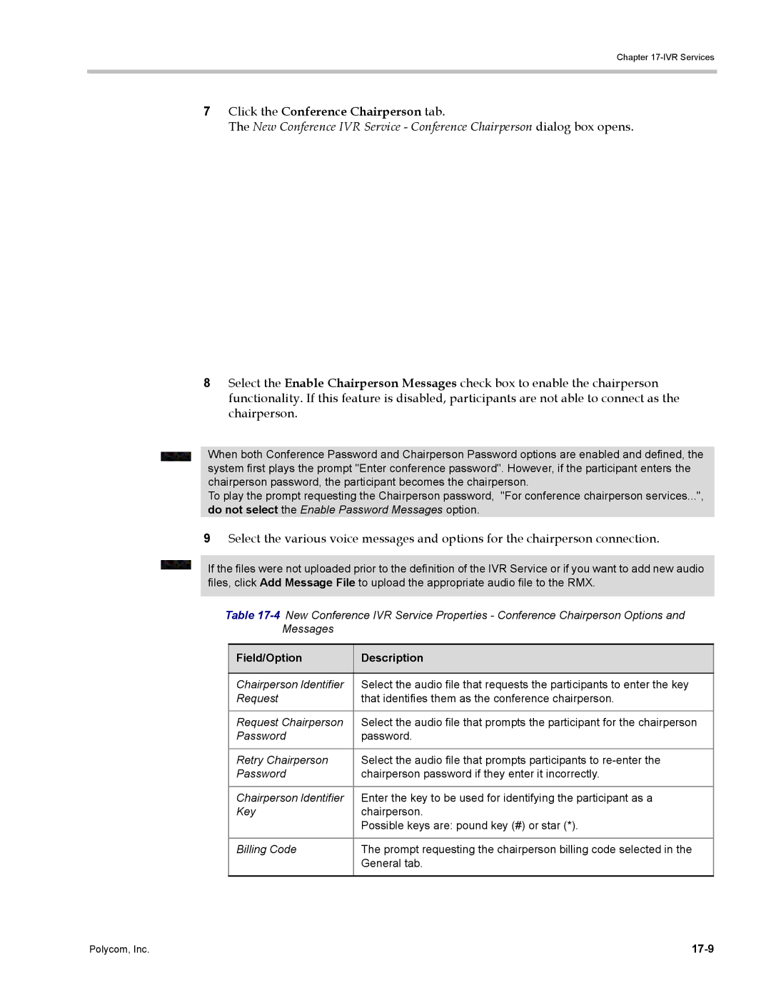 Polycom DOC2702A, RMX 1500 manual Click the Conference Chairperson tab, 17-9 