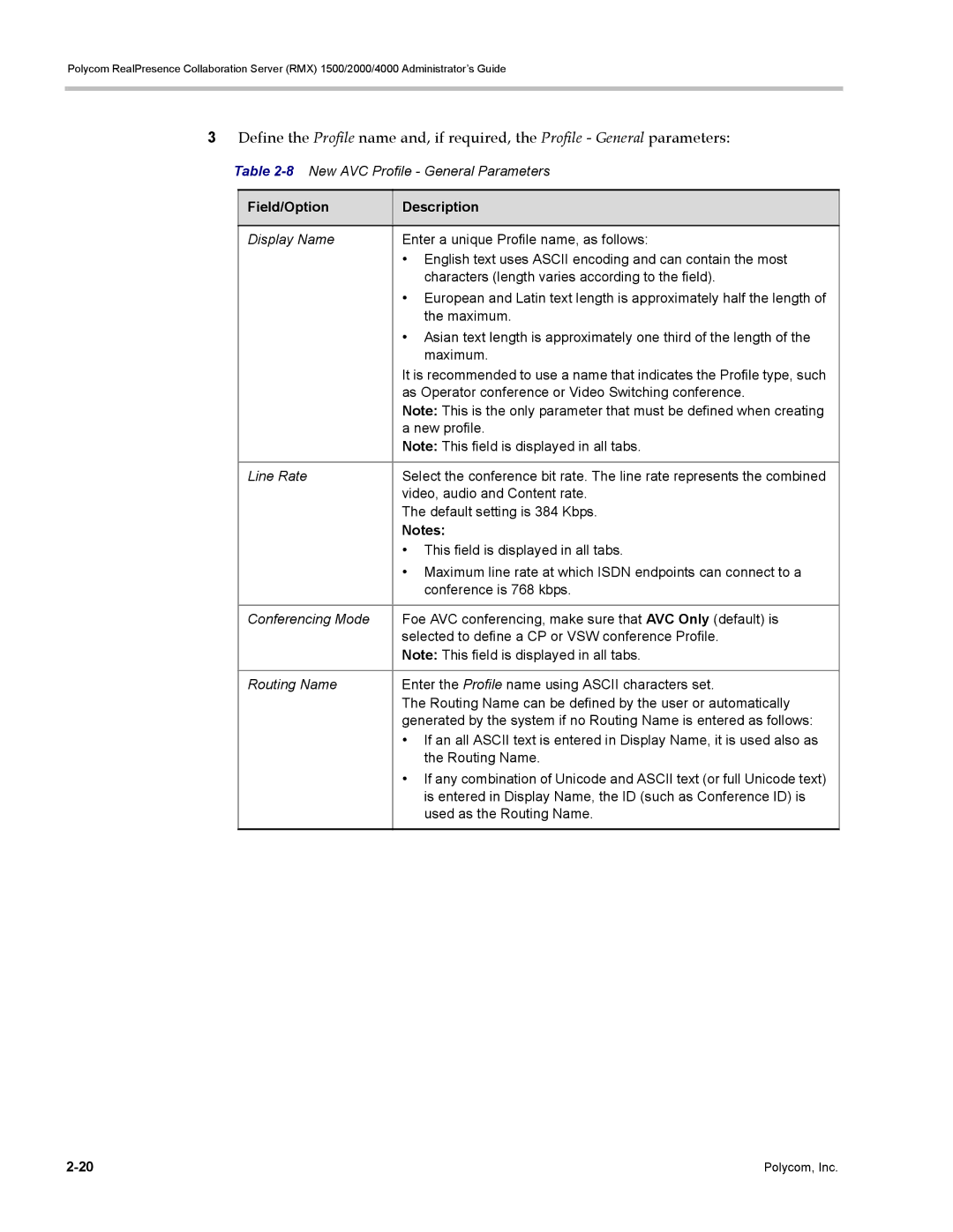 Polycom RMX 1500, DOC2702A manual 8New AVC Profile General Parameters, Field/Option Description, New profile 