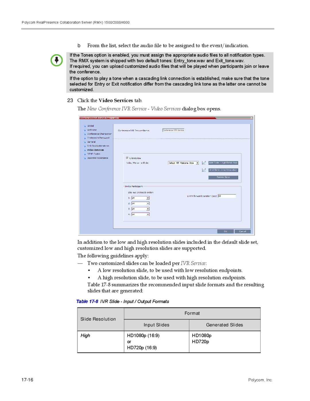 Polycom RMX 1500, DOC2702A manual 8IVR Slide Input / Output Formats, Slide Resolution Format Input Slides Generated Slides 