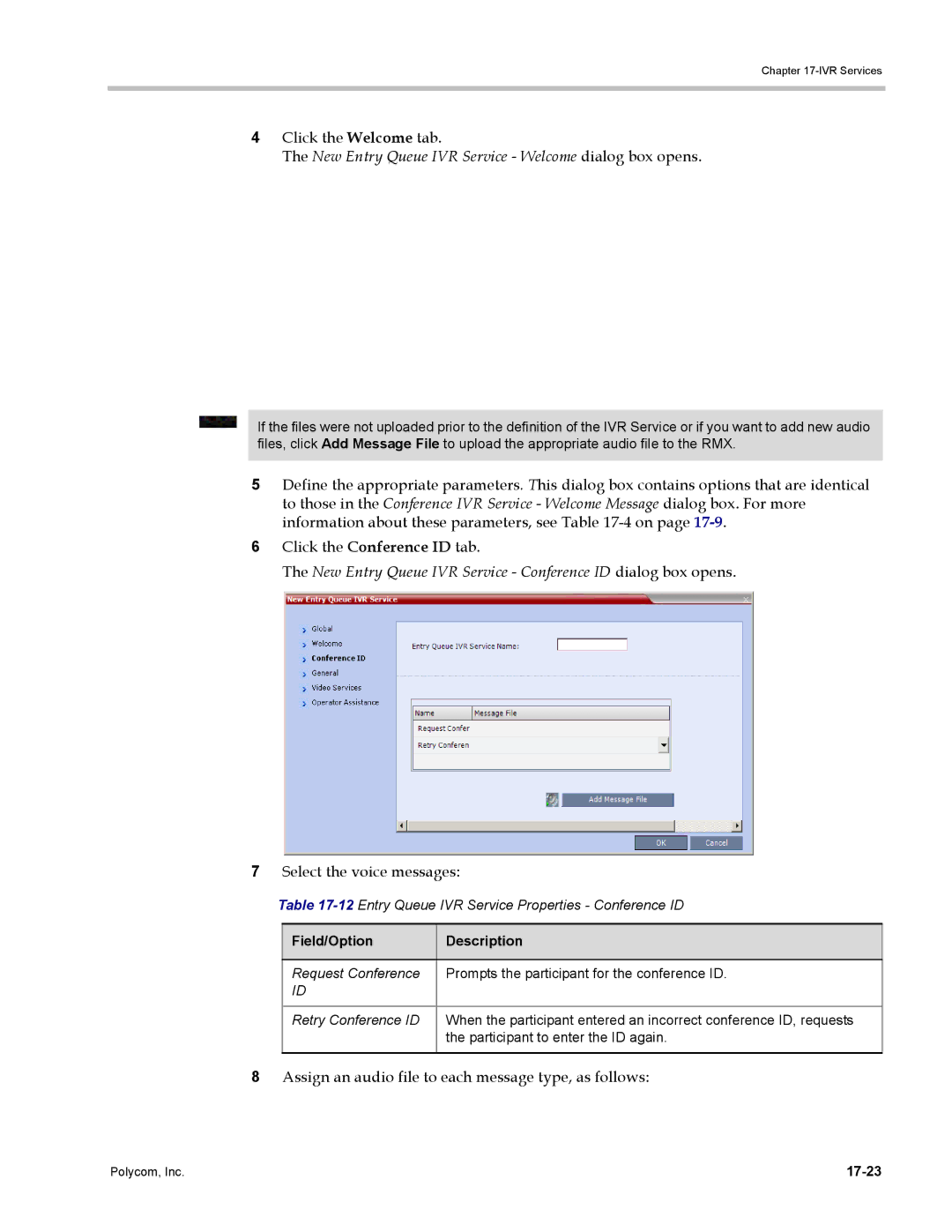 Polycom DOC2702A, RMX 1500 manual Select the voice messages, Assign an audio file to each message type, as follows, 17-23 