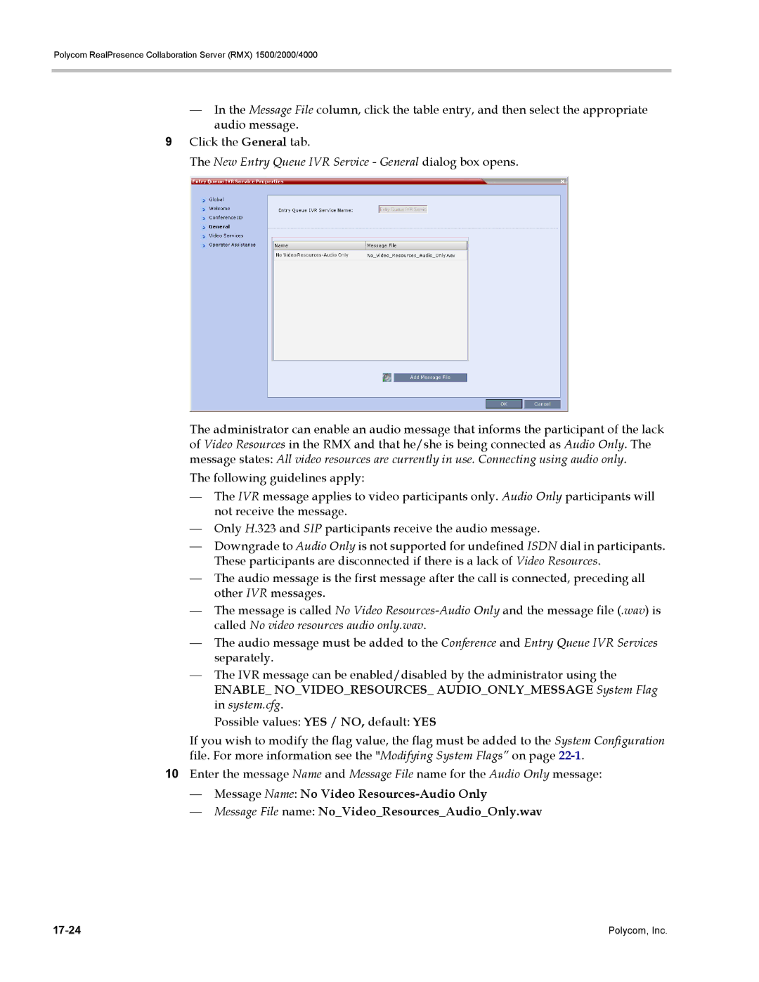 Polycom RMX 1500, DOC2702A manual New Entry Queue IVR Service General dialog box opens 