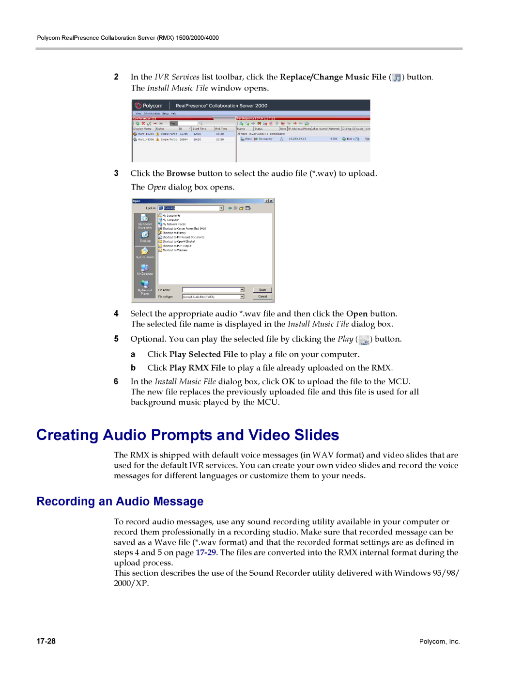 Polycom RMX 1500 Creating Audio Prompts and Video Slides, Recording an Audio Message, Install Music File window opens 