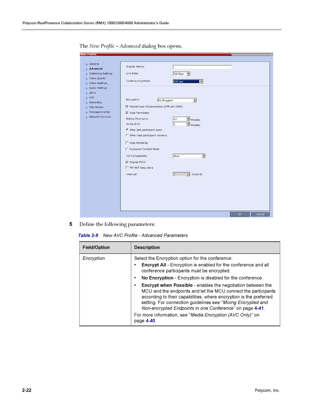 Polycom RMX 1500, DOC2702A manual New Profile Advanced dialog box opens, Define the following parameters 