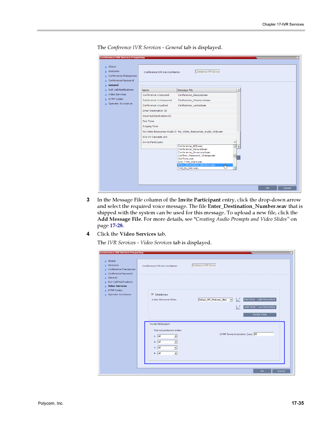 Polycom DOC2702A Conference IVR Services General tab is displayed, IVR Services Video Services tab is displayed, 17-35 