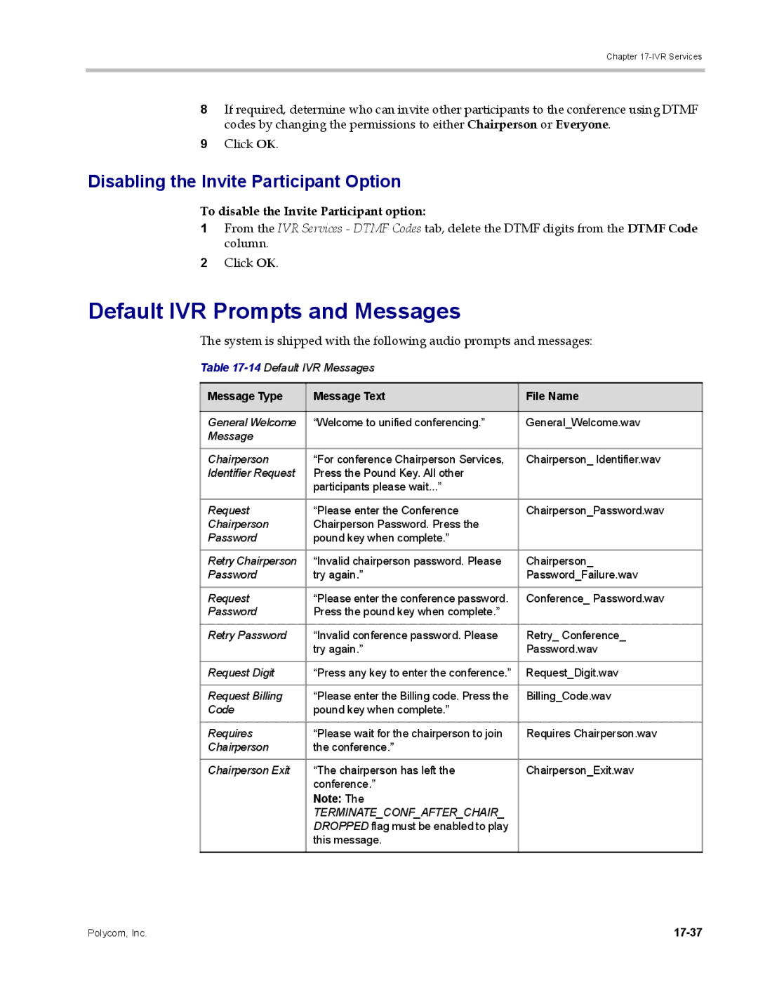 Polycom DOC2702A, RMX 1500 manual Default IVR Prompts and Messages, Disabling the Invite Participant Option, 17-37 