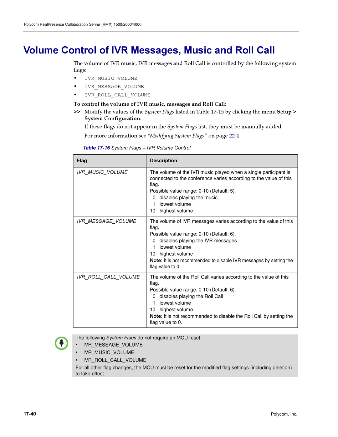 Polycom RMX 1500 Volume Control of IVR Messages, Music and Roll Call, Ivrmusicvolume, Ivrmessagevolume, Ivrrollcallvolume 