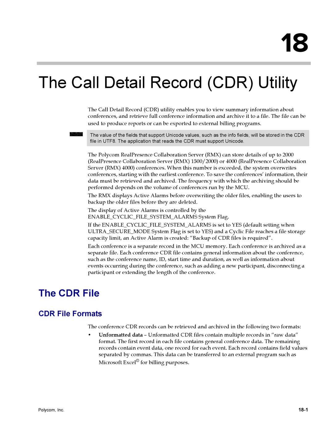 Polycom DOC2702A, RMX 1500 manual Call Detail Record CDR Utility, CDR File Formats, 18-1 