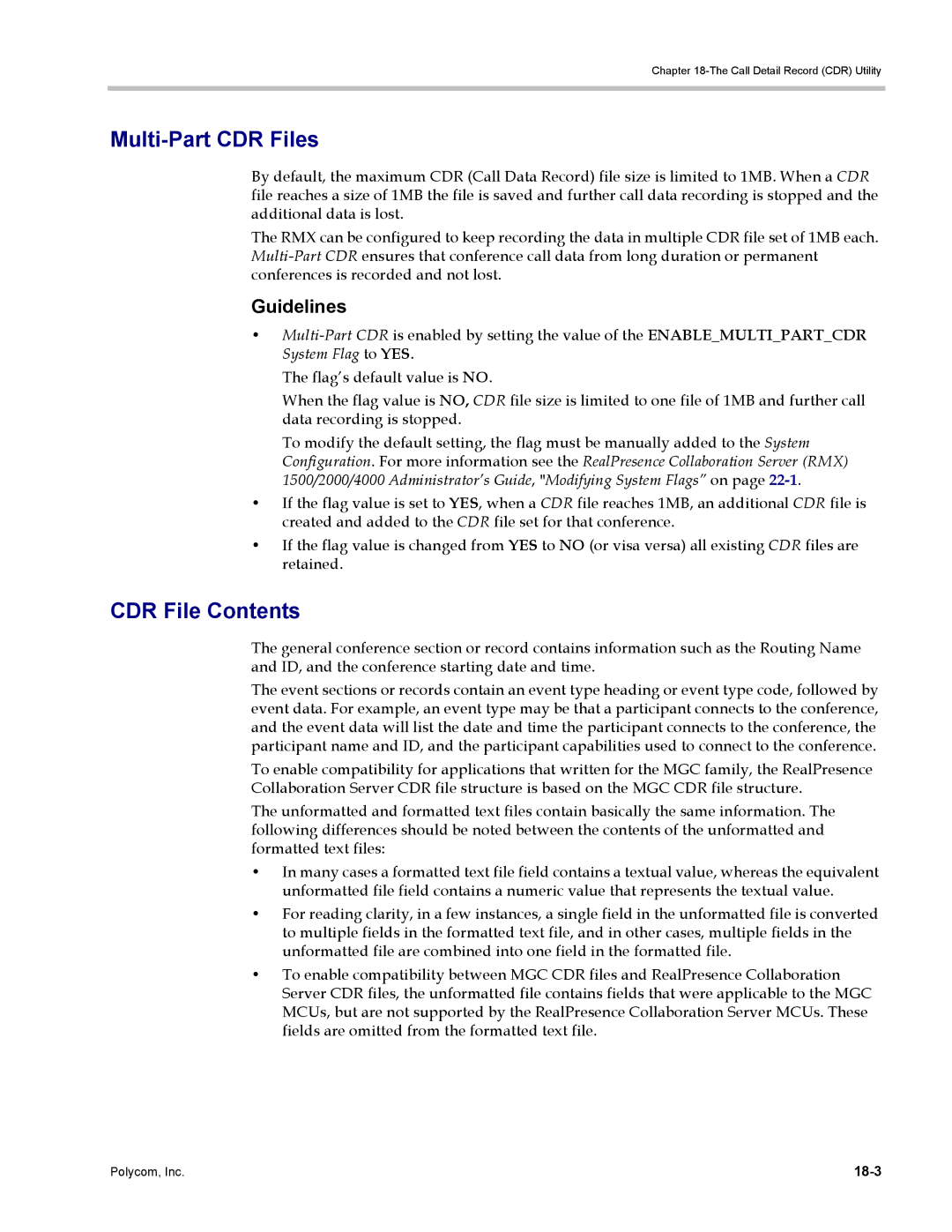 Polycom DOC2702A, RMX 1500 manual Multi-Part CDR Files, CDR File Contents 