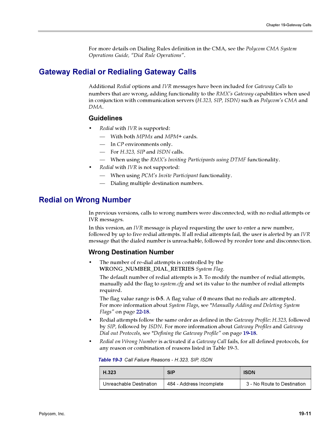 Polycom DOC2702A Gateway Redial or Redialing Gateway Calls, Redial on Wrong Number, Wrong Destination Number, 323, 19-11 