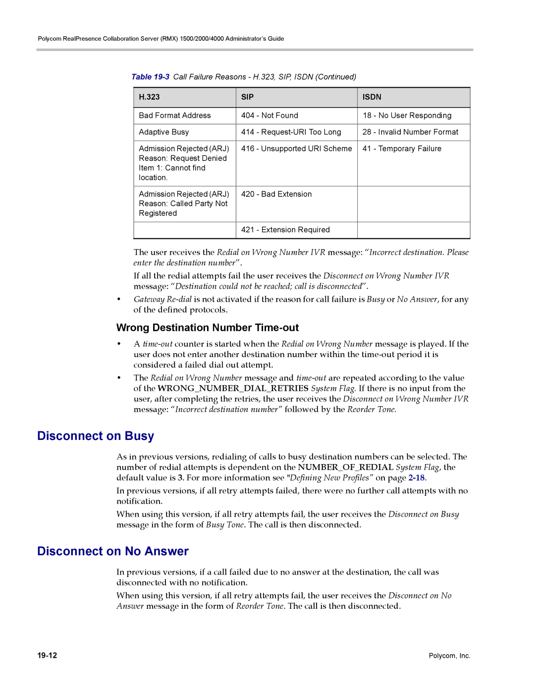 Polycom RMX 1500, DOC2702A manual Disconnect on Busy, Disconnect on No Answer, Wrong Destination Number Time-out 