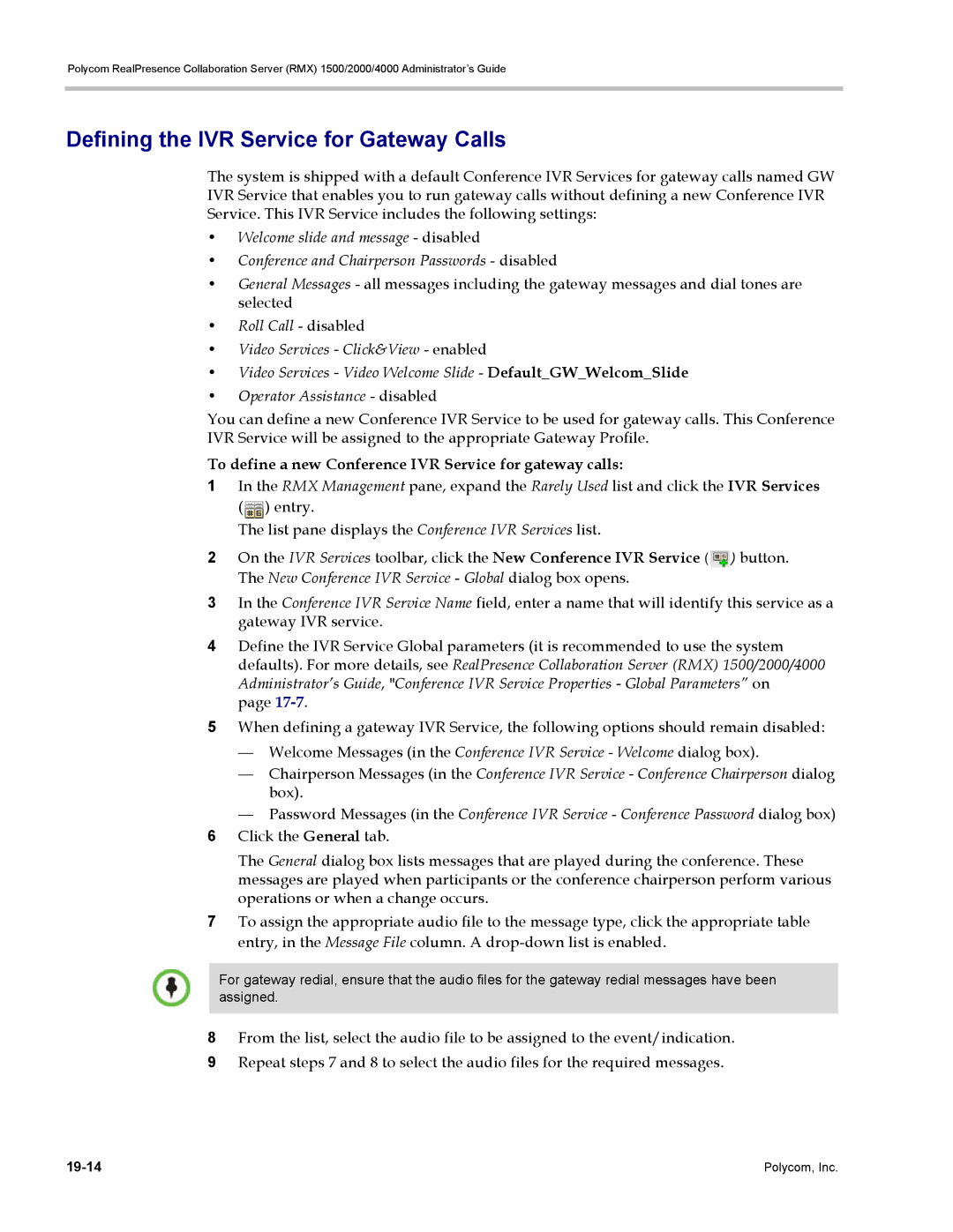 Polycom RMX 1500 Defining the IVR Service for Gateway Calls, To define a new Conference IVR Service for gateway calls 