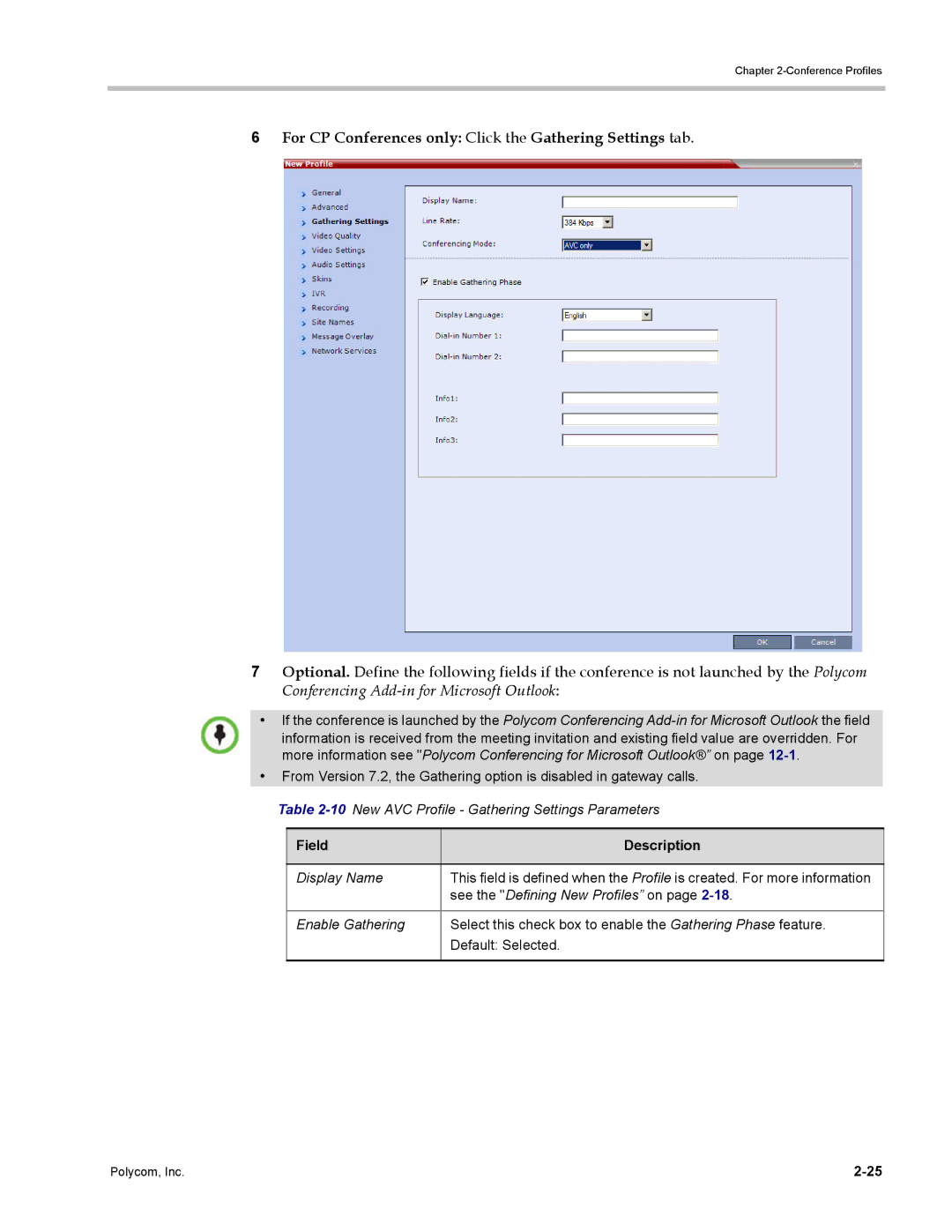 Polycom DOC2702A For CP Conferences only Click the Gathering Settings tab, 10New AVC Profile Gathering Settings Parameters 