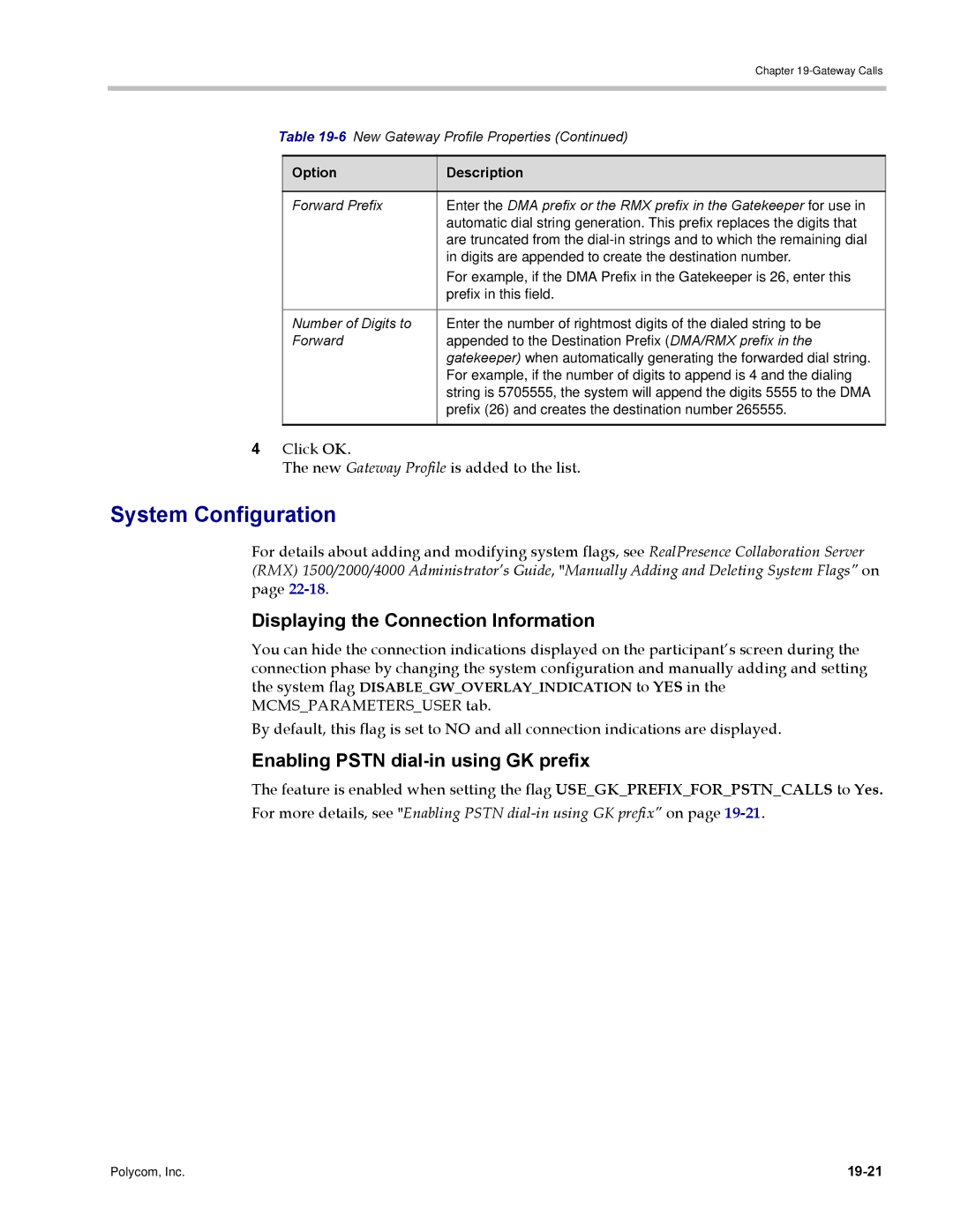 Polycom DOC2702A System Configuration, Displaying the Connection Information, Enabling Pstn dial-in using GK prefix, 19-21 