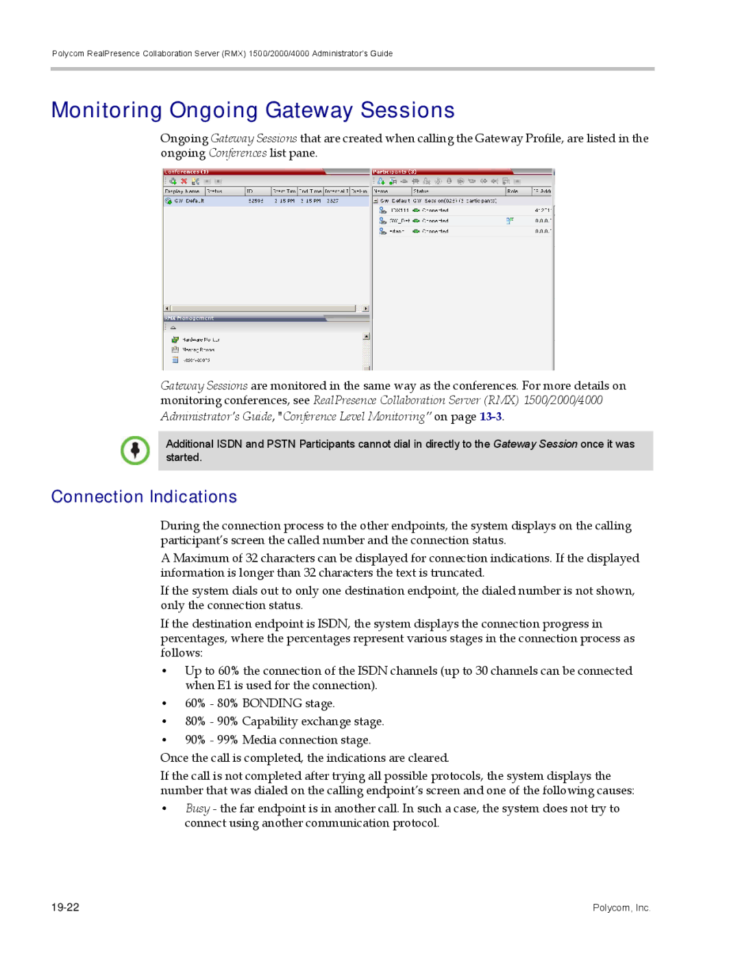 Polycom RMX 1500, DOC2702A manual Monitoring Ongoing Gateway Sessions, Connection Indications 