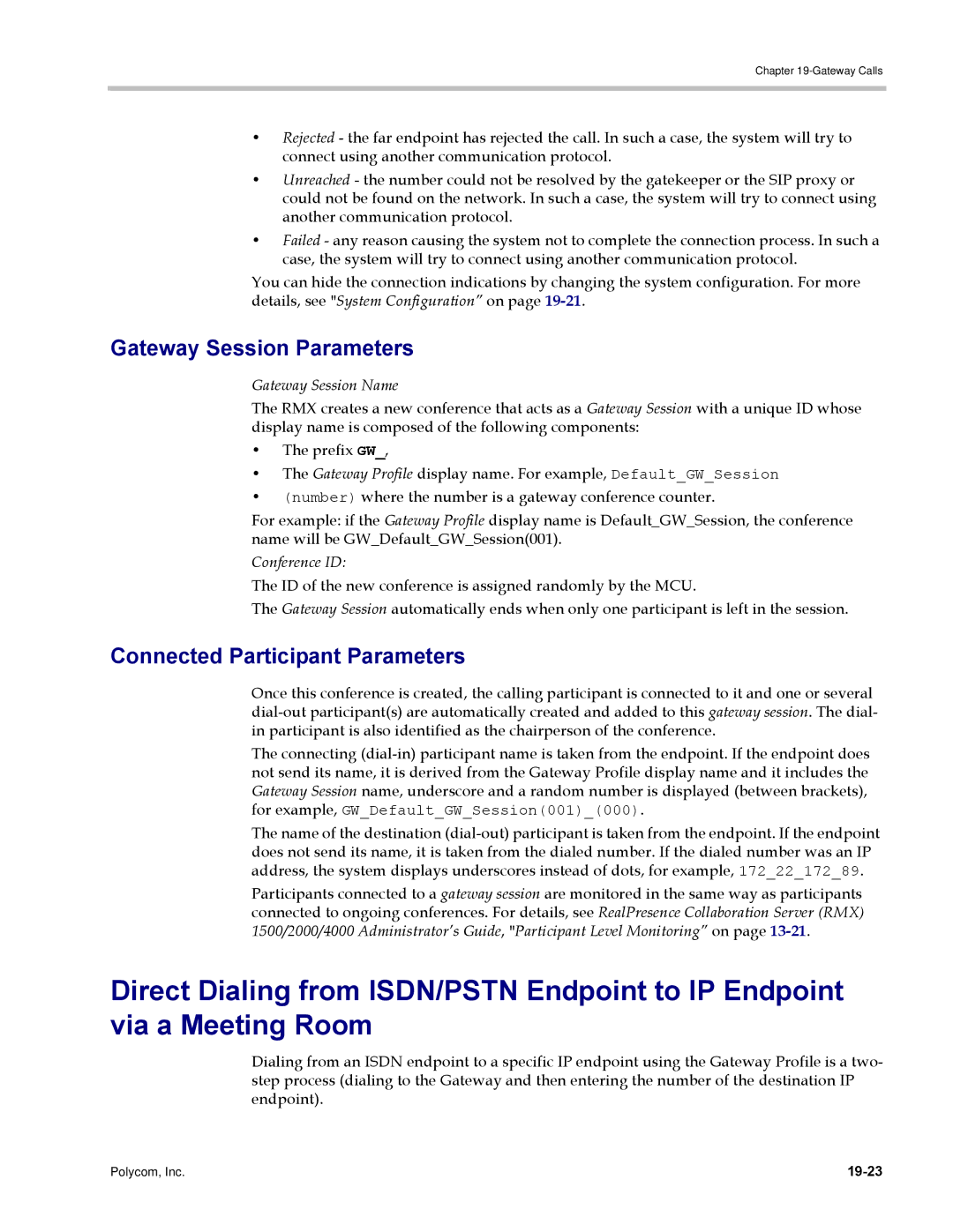 Polycom DOC2702A Gateway Session Parameters, Connected Participant Parameters, Gateway Session Name, Conference ID, 19-23 