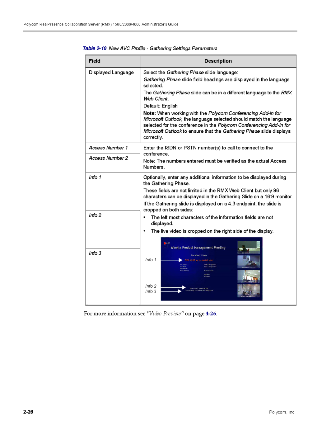 Polycom RMX 1500, DOC2702A For more information see Video Preview on, Field Description, Web Client, Access Number, Info 
