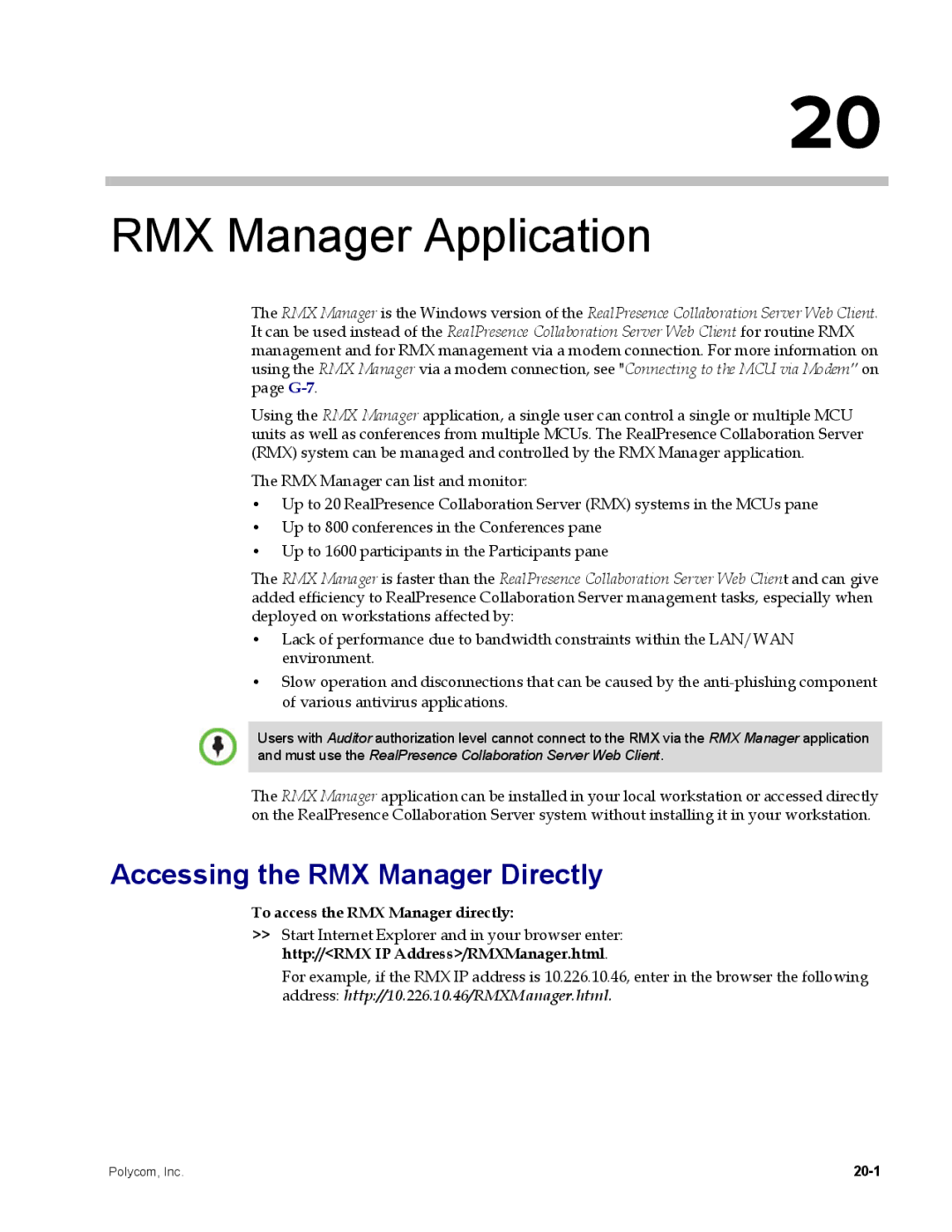 Polycom DOC2702A RMX Manager Application, Accessing the RMX Manager Directly, To access the RMX Manager directly, 20-1 