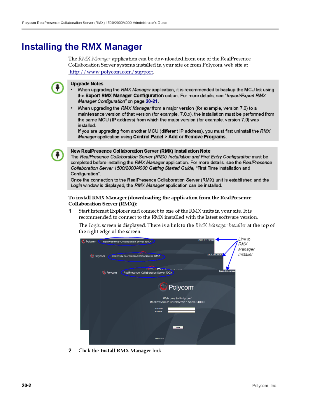 Polycom RMX 1500, DOC2702A manual Installing the RMX Manager, Click the Install RMX Manager link, Upgrade Notes 