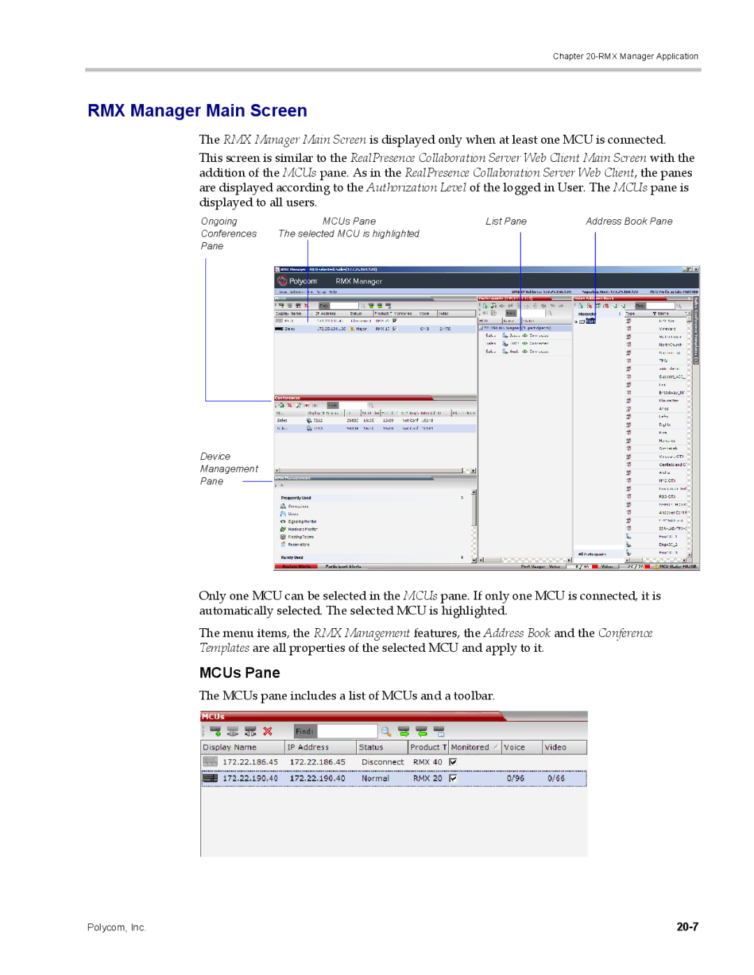 Polycom DOC2702A, RMX 1500 manual RMX Manager Main Screen, MCUs Pane, MCUs pane includes a list of MCUs and a toolbar, 20-7 