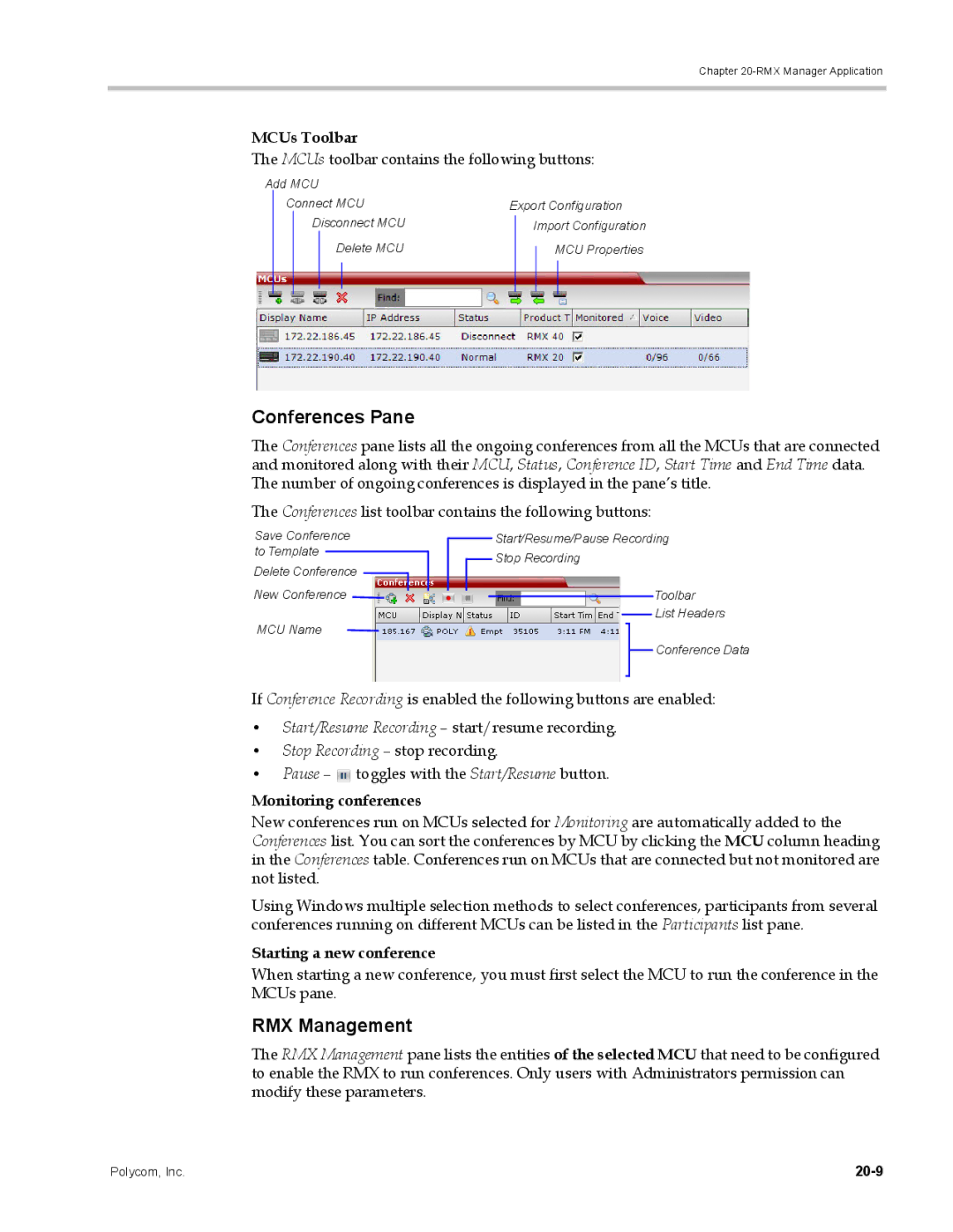 Polycom DOC2702A manual Conferences Pane, RMX Management, MCUs Toolbar, Monitoring conferences, Starting a new conference 