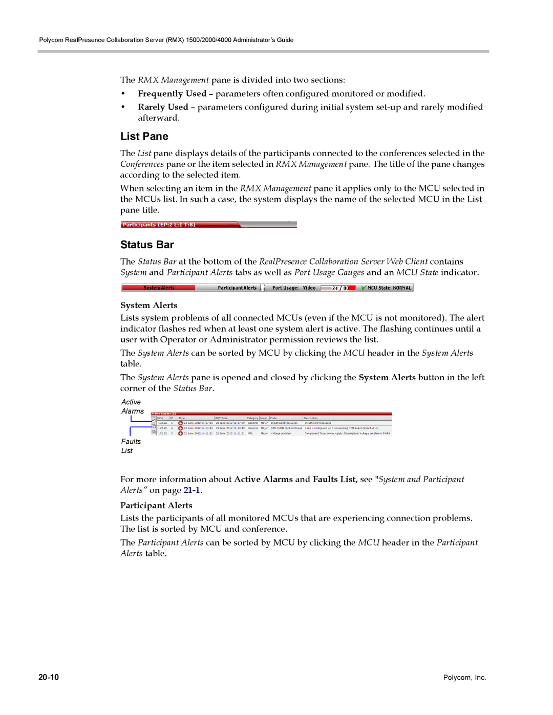 Polycom RMX 1500, DOC2702A manual List Pane, Status Bar, System Alerts, Participant Alerts 