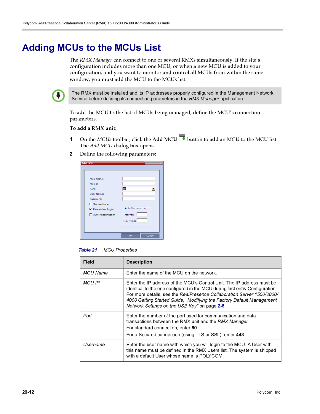 Polycom RMX 1500, DOC2702A manual Adding MCUs to the MCUs List, To add a RMX unit, Mcu Ip 