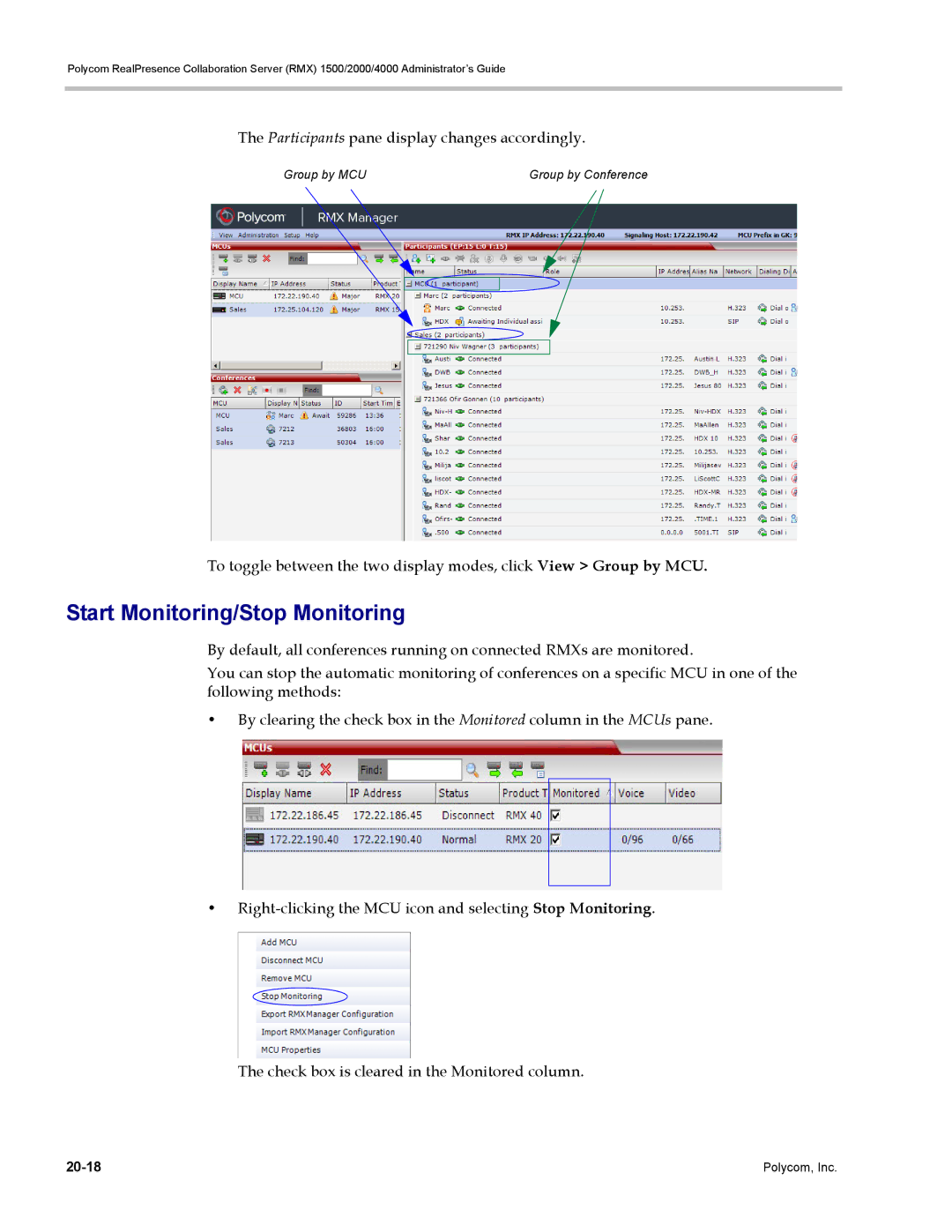 Polycom RMX 1500, DOC2702A manual Start Monitoring/Stop Monitoring, Participants pane display changes accordingly 