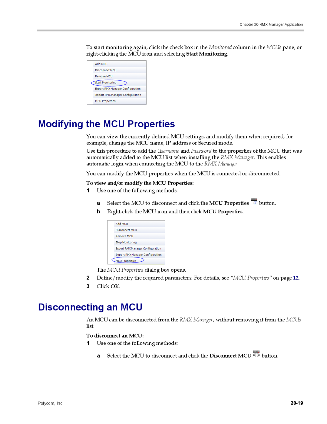 Polycom DOC2702A manual Modifying the MCU Properties, Disconnecting an MCU, To view and/or modify the MCU Properties, 20-19 