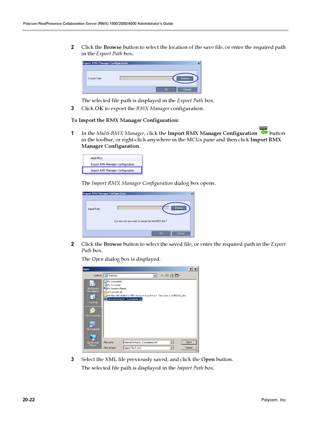 Polycom RMX 1500, DOC2702A manual To Import the RMX Manager Configuration, Import RMX Manager Configuration dialog box opens 