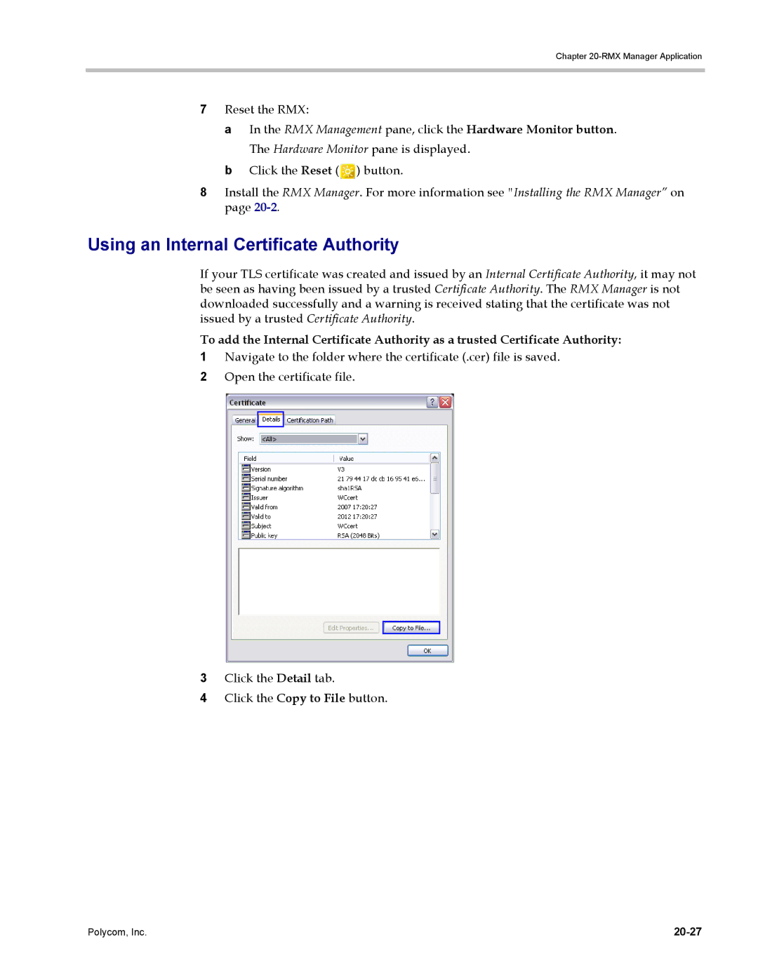 Polycom DOC2702A, RMX 1500 manual Using an Internal Certificate Authority, 20-27 