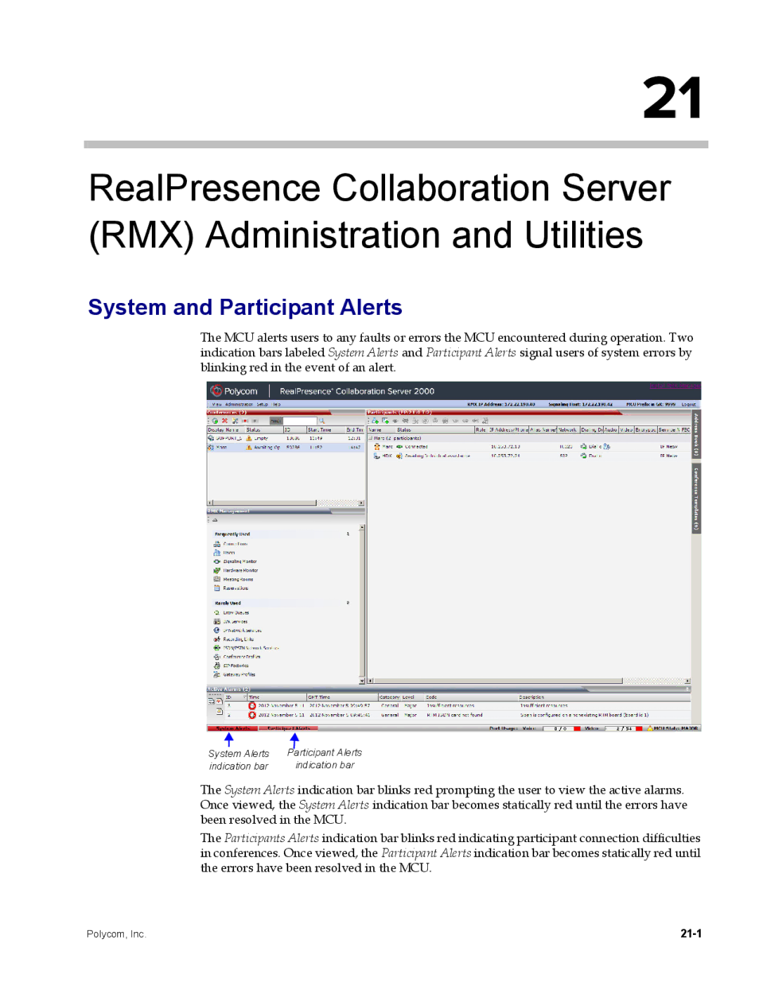 Polycom DOC2702A, RMX 1500 manual System and Participant Alerts, 21-1 