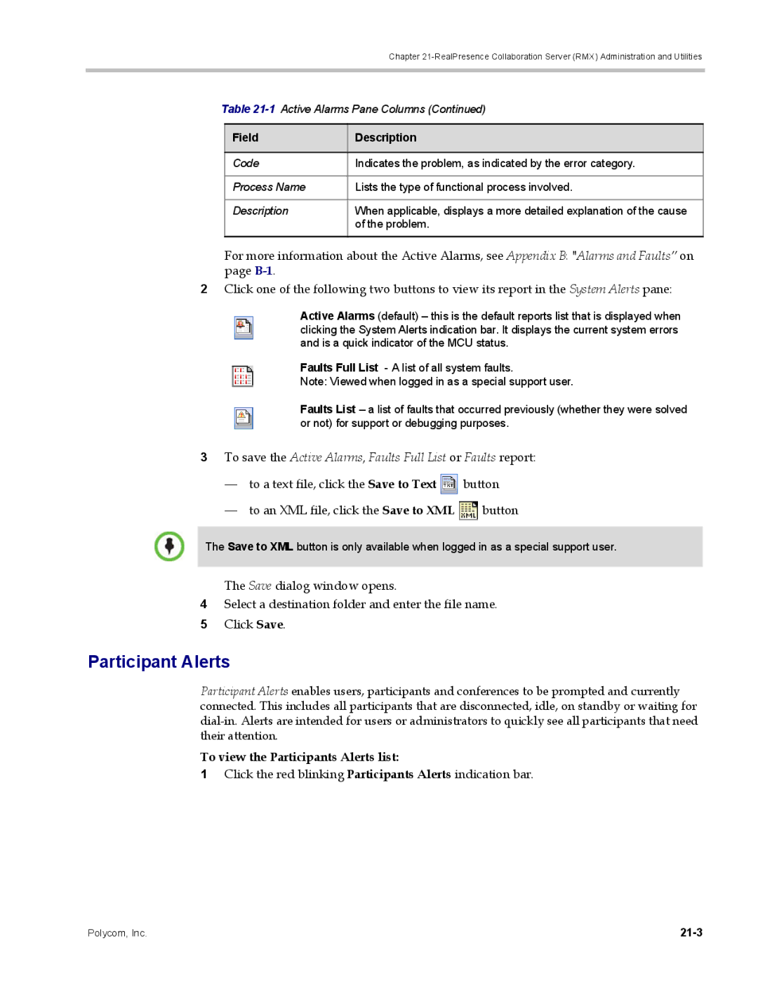 Polycom DOC2702A, RMX 1500 manual Participant Alerts, To view the Participants Alerts list, 21-3 