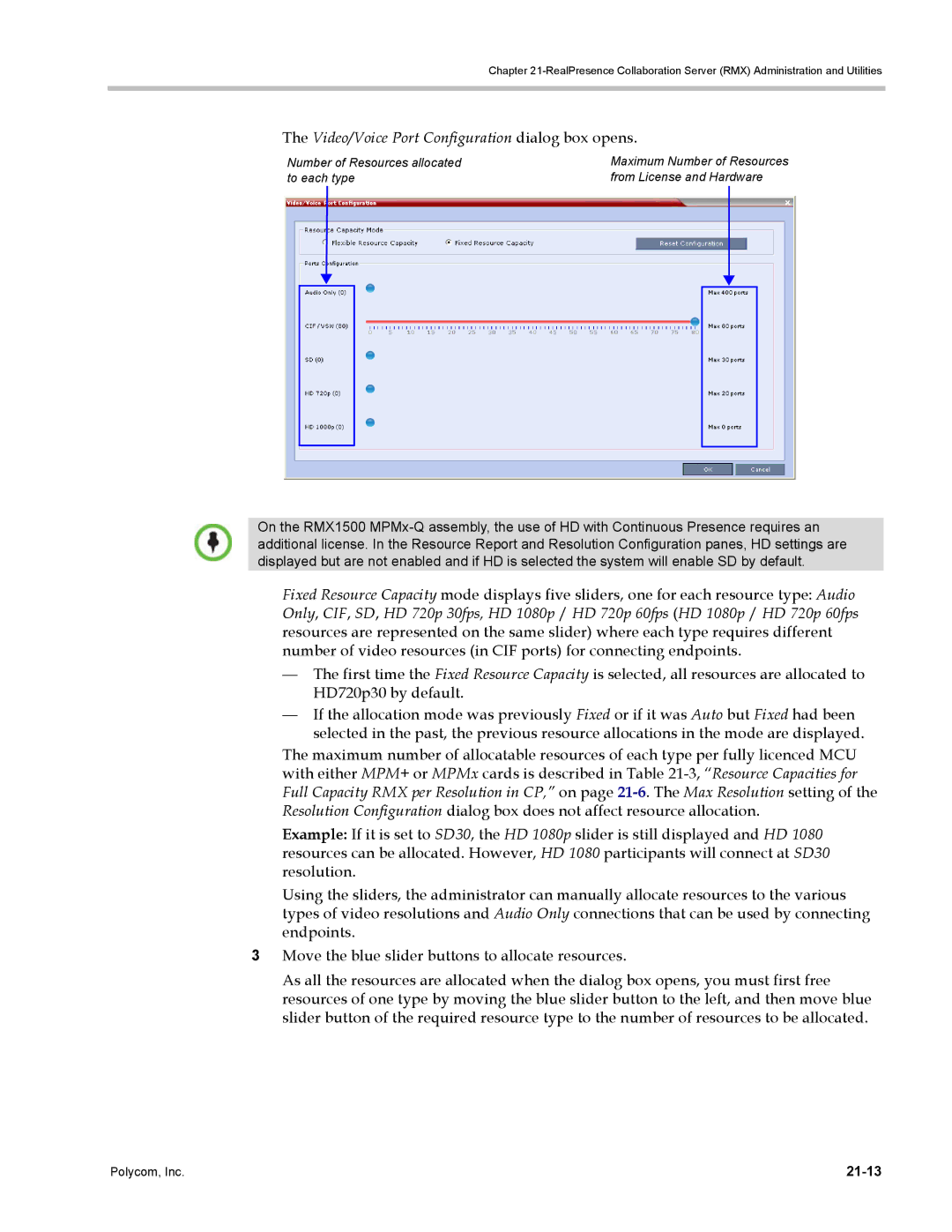 Polycom DOC2702A, RMX 1500 manual Video/Voice Port Configuration dialog box opens, 21-13 