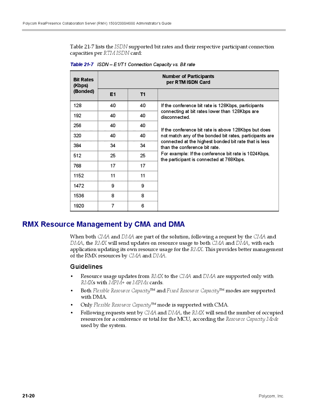 Polycom RMX 1500, DOC2702A manual RMX Resource Management by CMA and DMA, 7ISDN E1/T1 Connection Capacity vs. Bit rate 