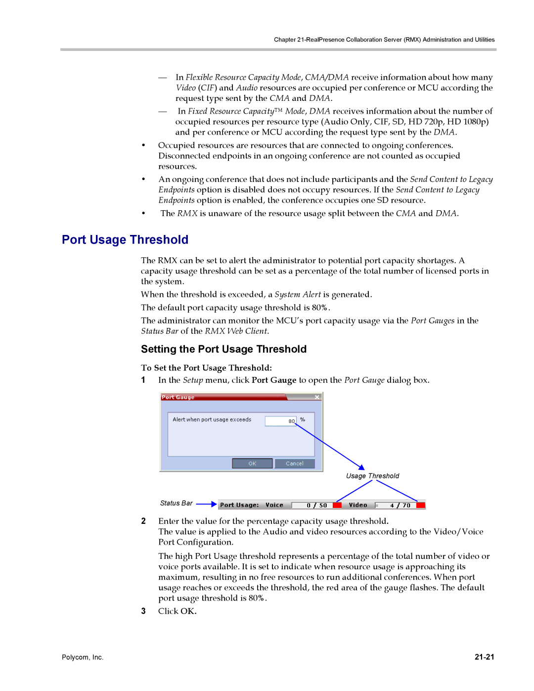 Polycom DOC2702A, RMX 1500 manual Setting the Port Usage Threshold, To Set the Port Usage Threshold, 21-21 