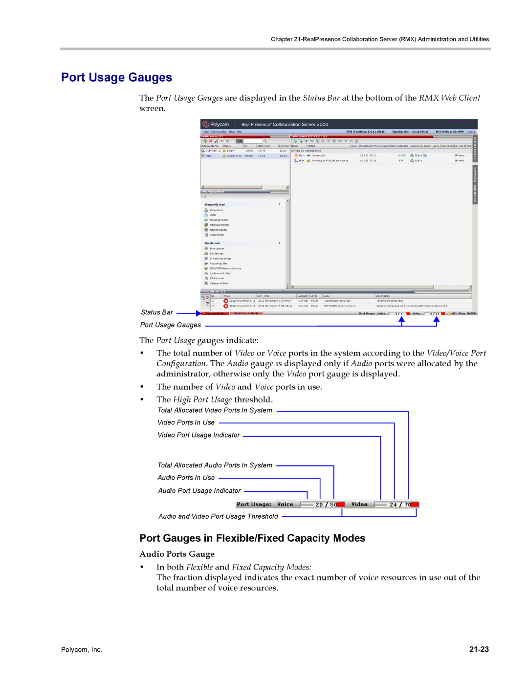 Polycom DOC2702A, RMX 1500 manual Port Usage Gauges, Port Gauges in Flexible/Fixed Capacity Modes, High Port Usage threshold 