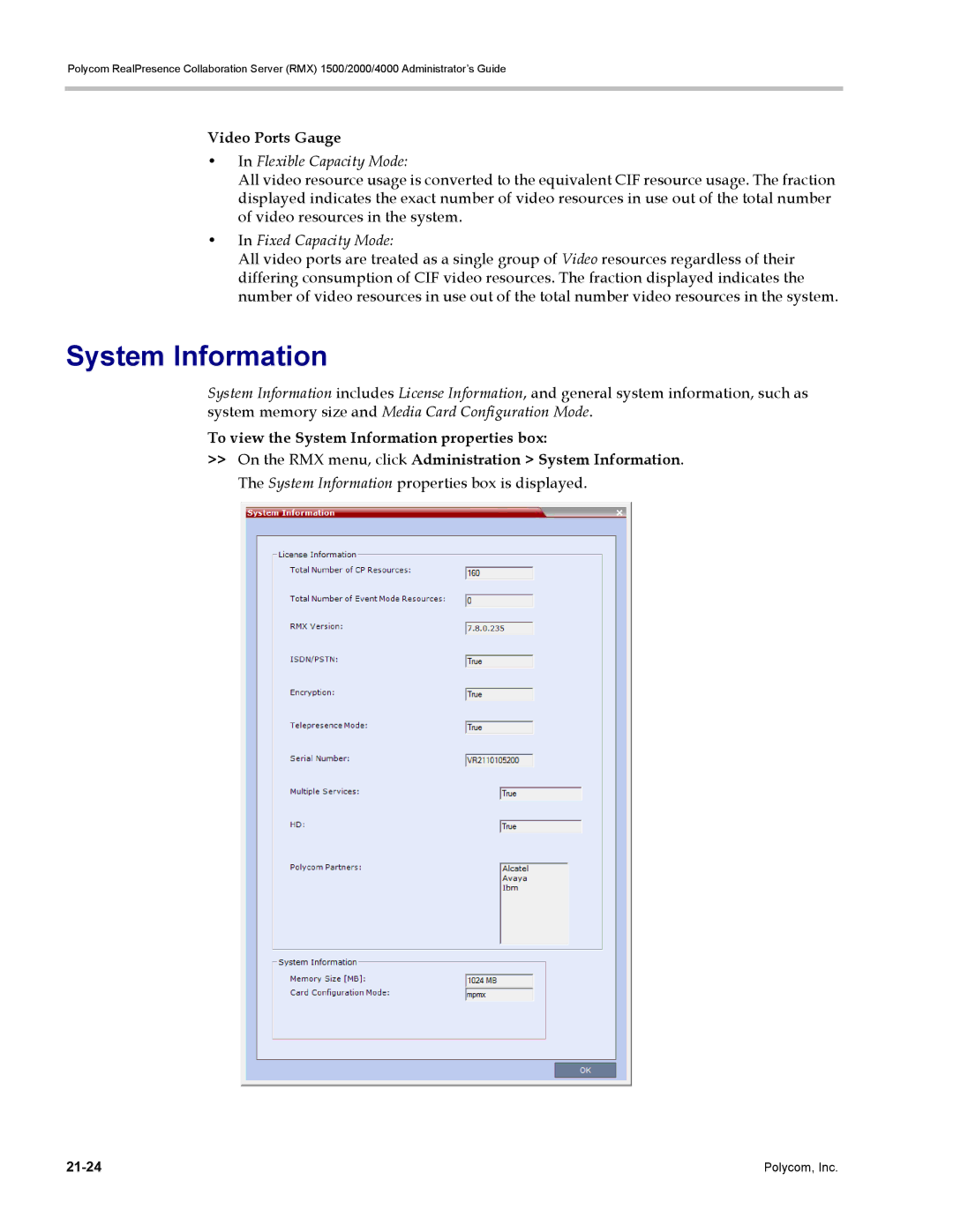 Polycom RMX 1500, DOC2702A manual System Information, Video Ports Gauge, Flexible Capacity Mode, Fixed Capacity Mode 