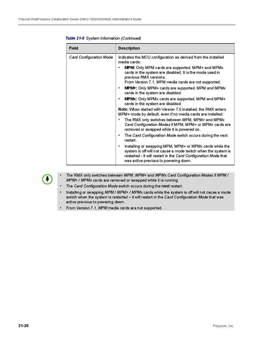 Polycom RMX 1500, DOC2702A manual Media cards, MPM Only MPM cards are supported. MPM+ and MPMx, Previous RMX versions 