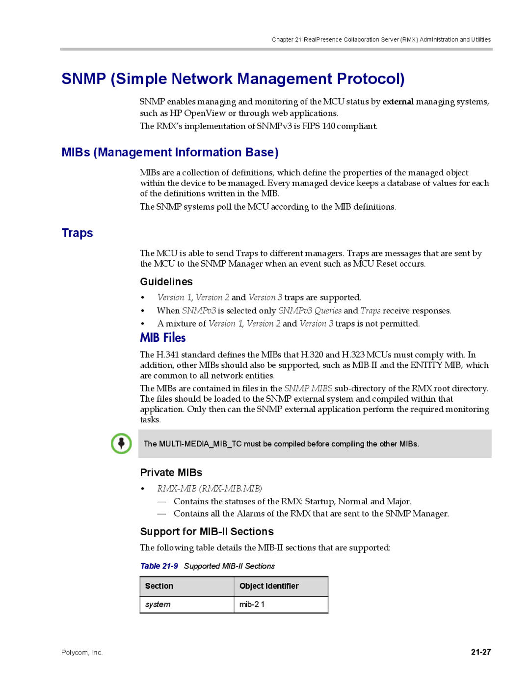 Polycom DOC2702A, RMX 1500 Snmp Simple Network Management Protocol, MIBs Management Information Base, Traps, Private MIBs 