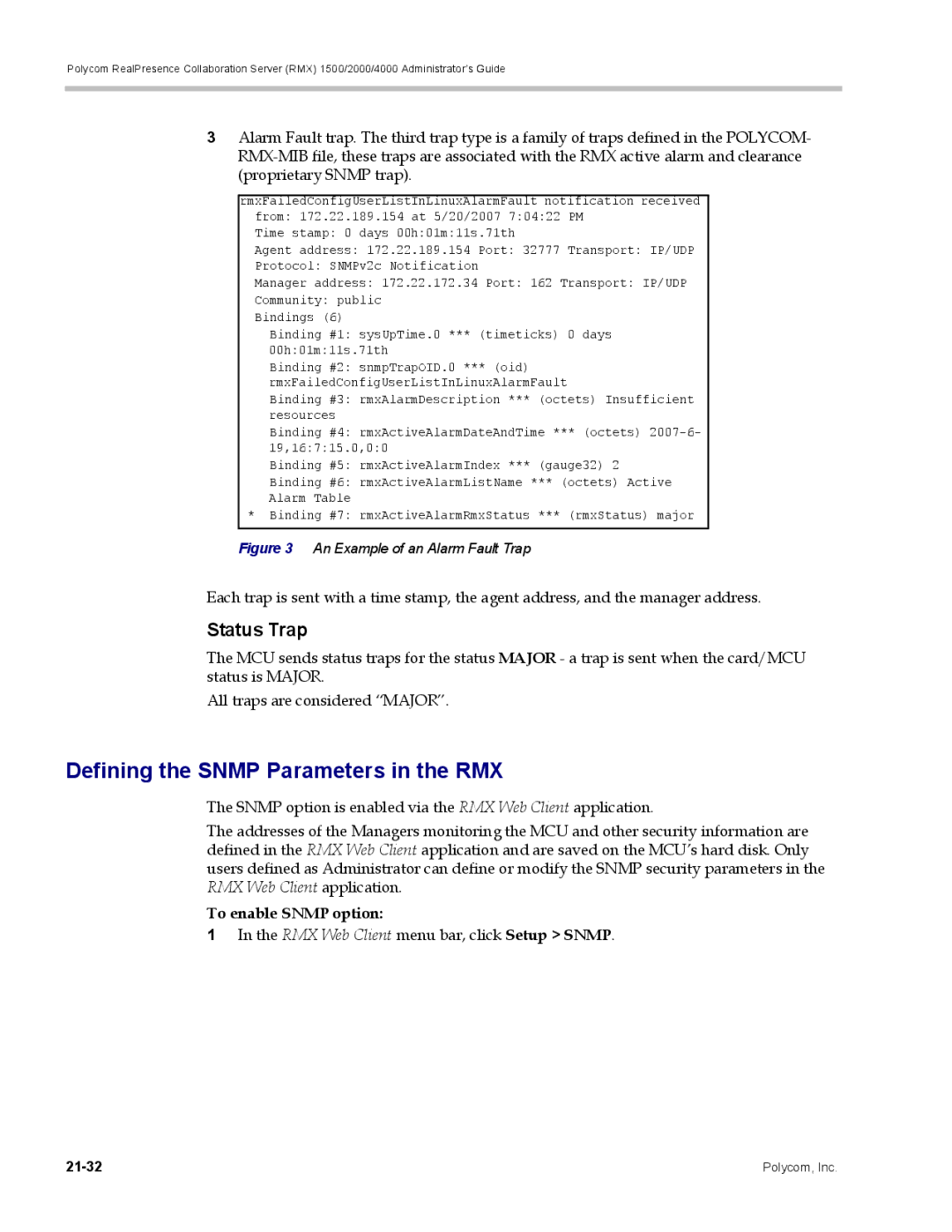 Polycom RMX 1500, DOC2702A manual Defining the Snmp Parameters in the RMX, Status Trap, To enable Snmp option 