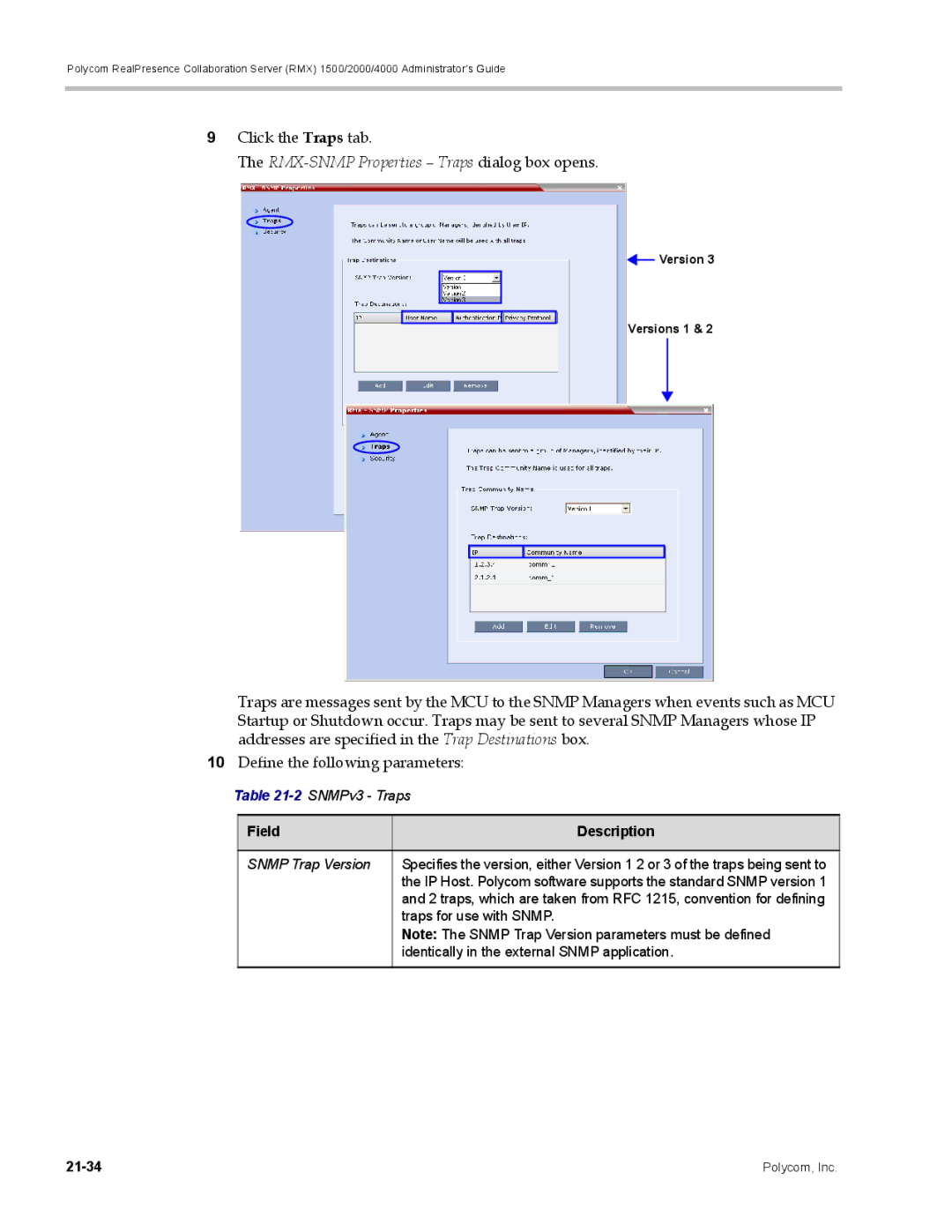 Polycom RMX 1500, DOC2702A manual Click the Traps tab, RMX-SNMP Properties Traps dialog box opens 