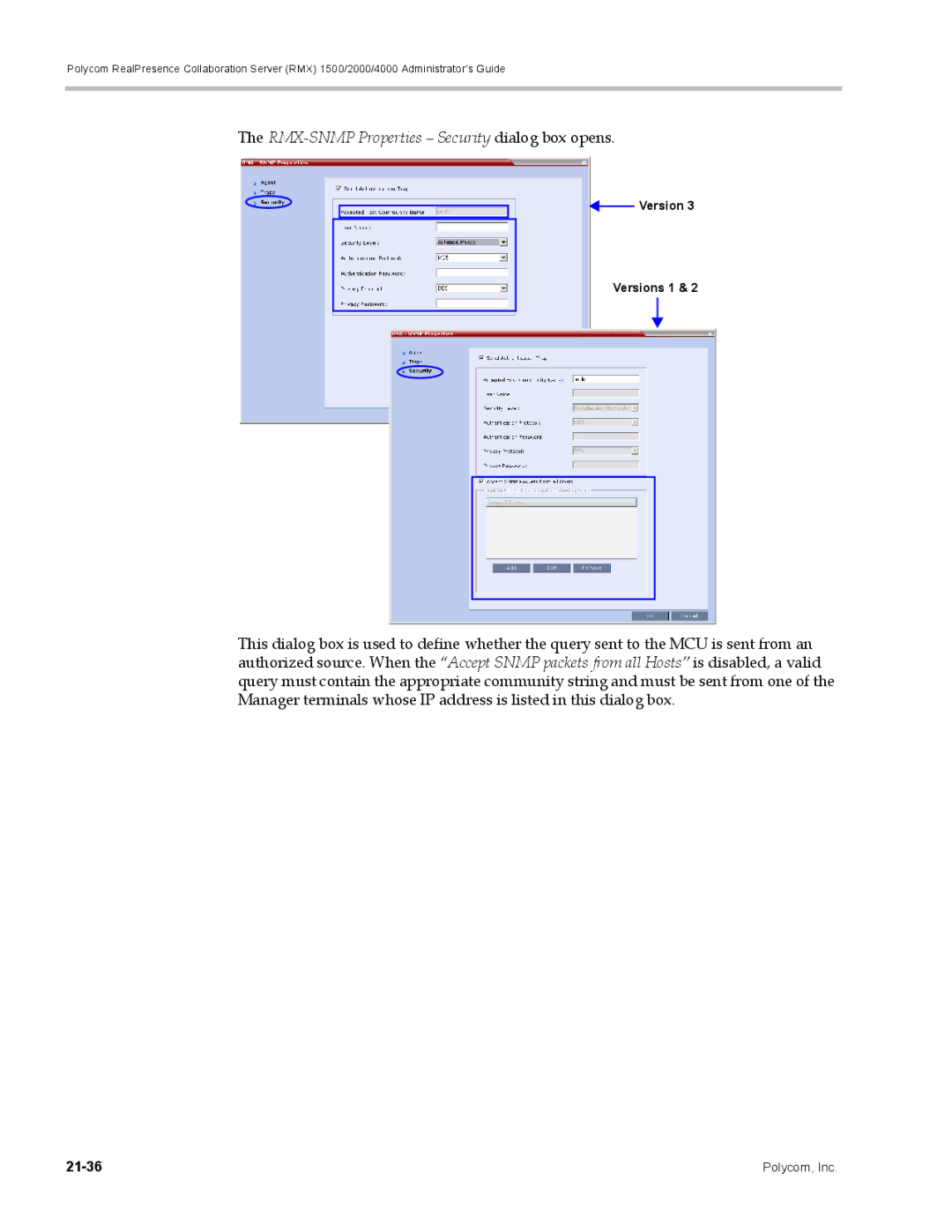 Polycom RMX 1500, DOC2702A manual RMX-SNMP Properties Security dialog box opens 