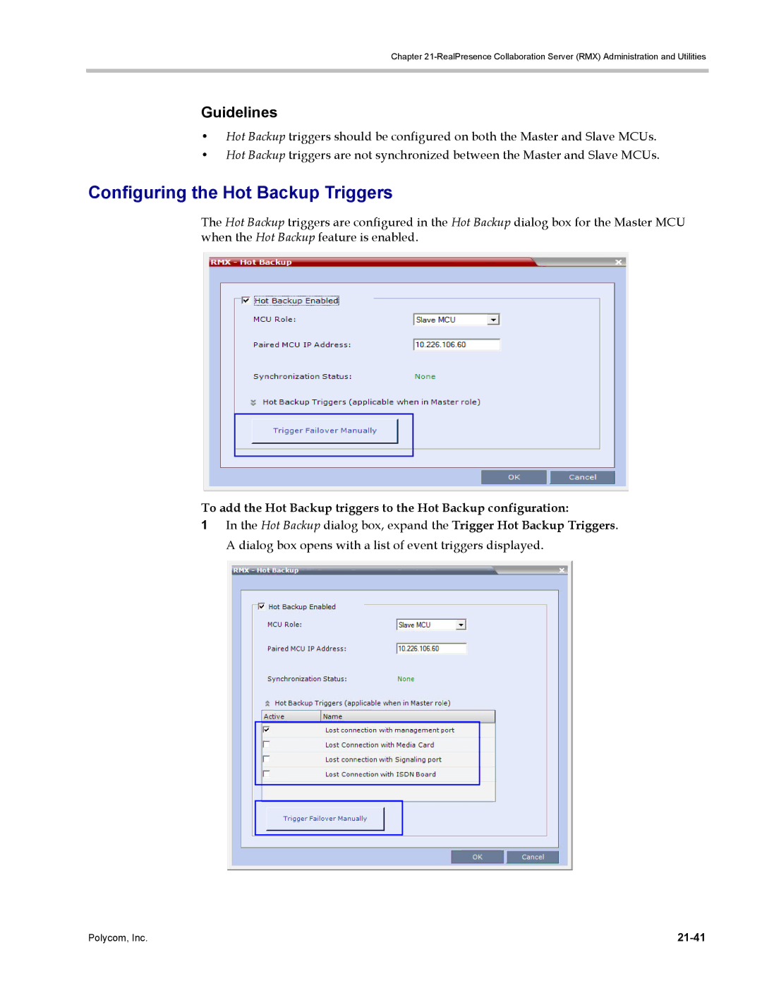 Polycom DOC2702A, RMX 1500 manual Configuring the Hot Backup Triggers, 21-41 