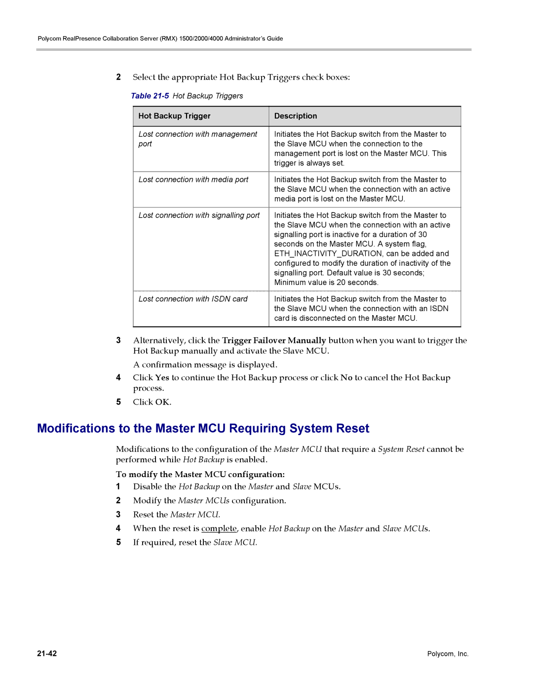 Polycom RMX 1500, DOC2702A Modifications to the Master MCU Requiring System Reset, To modify the Master MCU configuration 