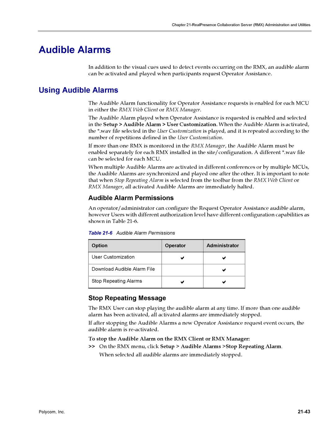 Polycom DOC2702A, RMX 1500 manual Using Audible Alarms, Audible Alarm Permissions, Stop Repeating Message, 21-43 