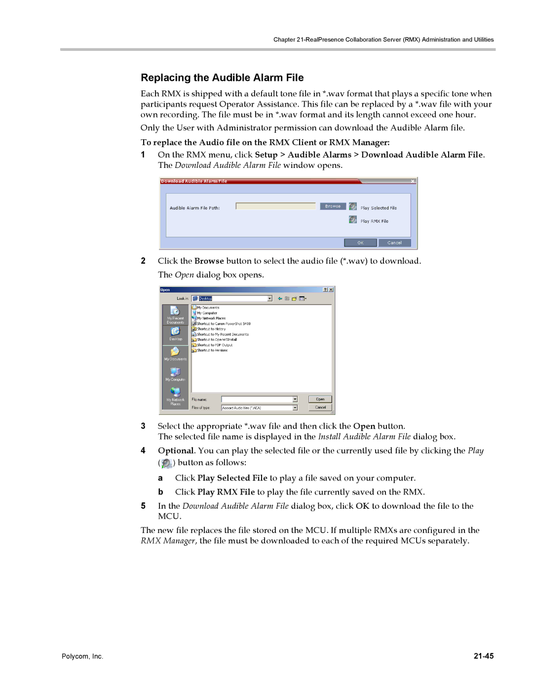 Polycom DOC2702A, RMX 1500 manual Replacing the Audible Alarm File, 21-45 